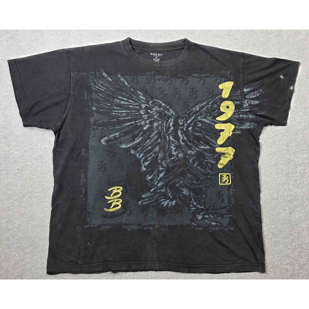 Vintage Bugle Boy Shirt Mens XL Black Eagle 1977 Graphic Tee Short Sleeve Retro